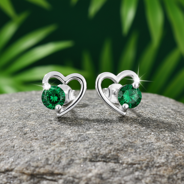 Green CZ Open Heart Earrings - Natural Setting