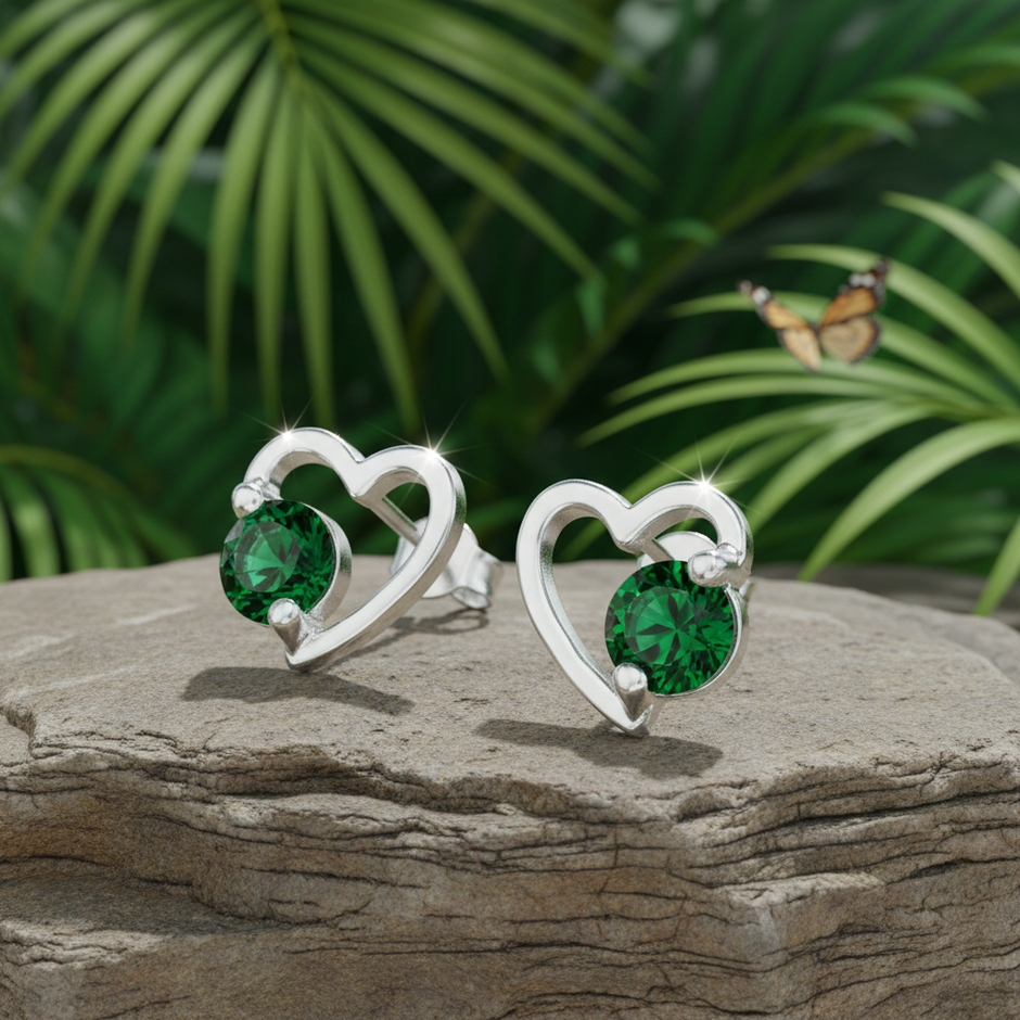 Green CZ Open Heart Earrings - With Butterfly