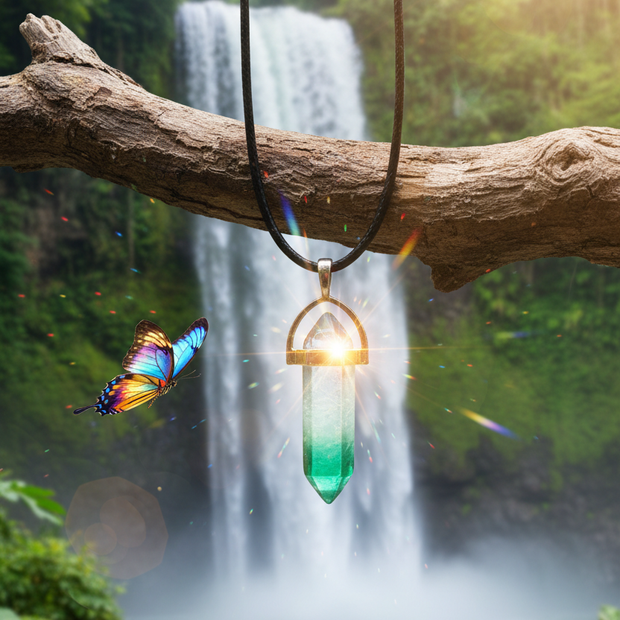 Green Haze Crystal Pendant - Waterfall Branch Butterfly