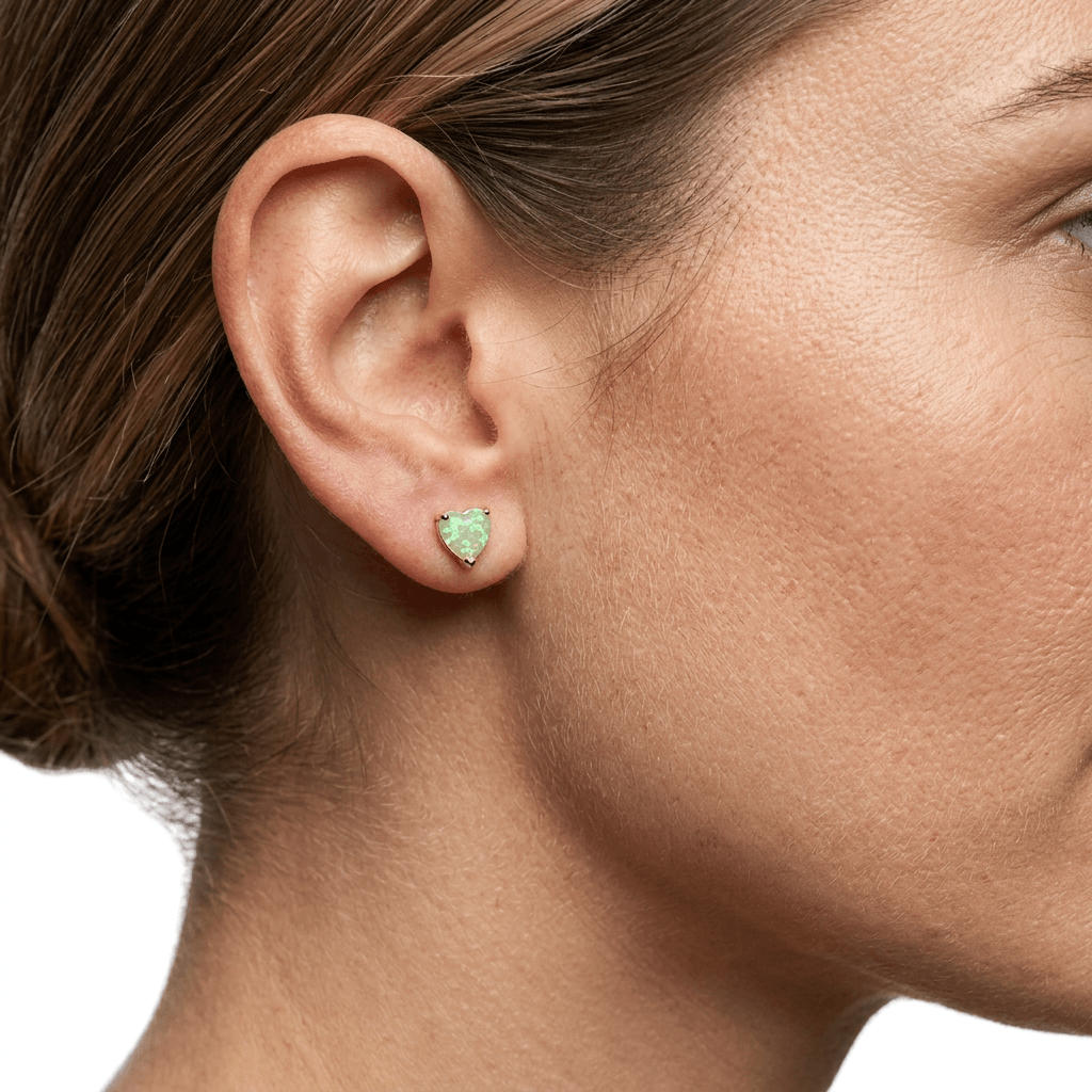 18ct Gold 6mm Green Opal Heart Stud Earrings