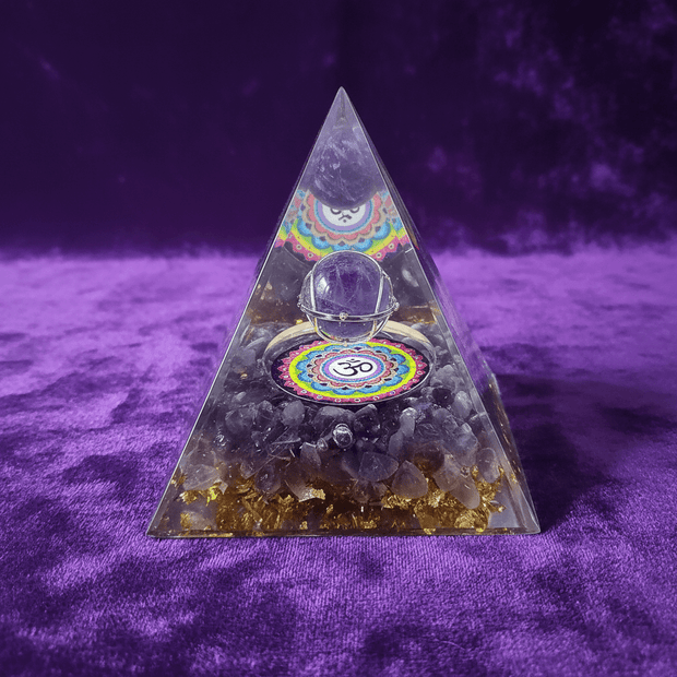 Handcrafted Amethyst Rainbow Om Mandala Crystal Stone Resin Pyramid - DP Online