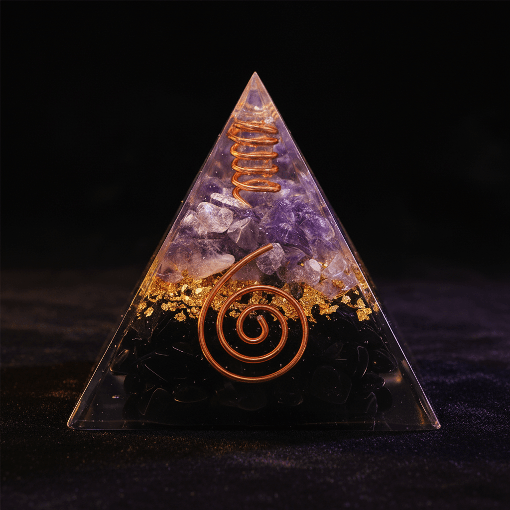 Handcrafted Black Obsidian & Amethyst Crystal Stone Resin Pyramid - DP Online