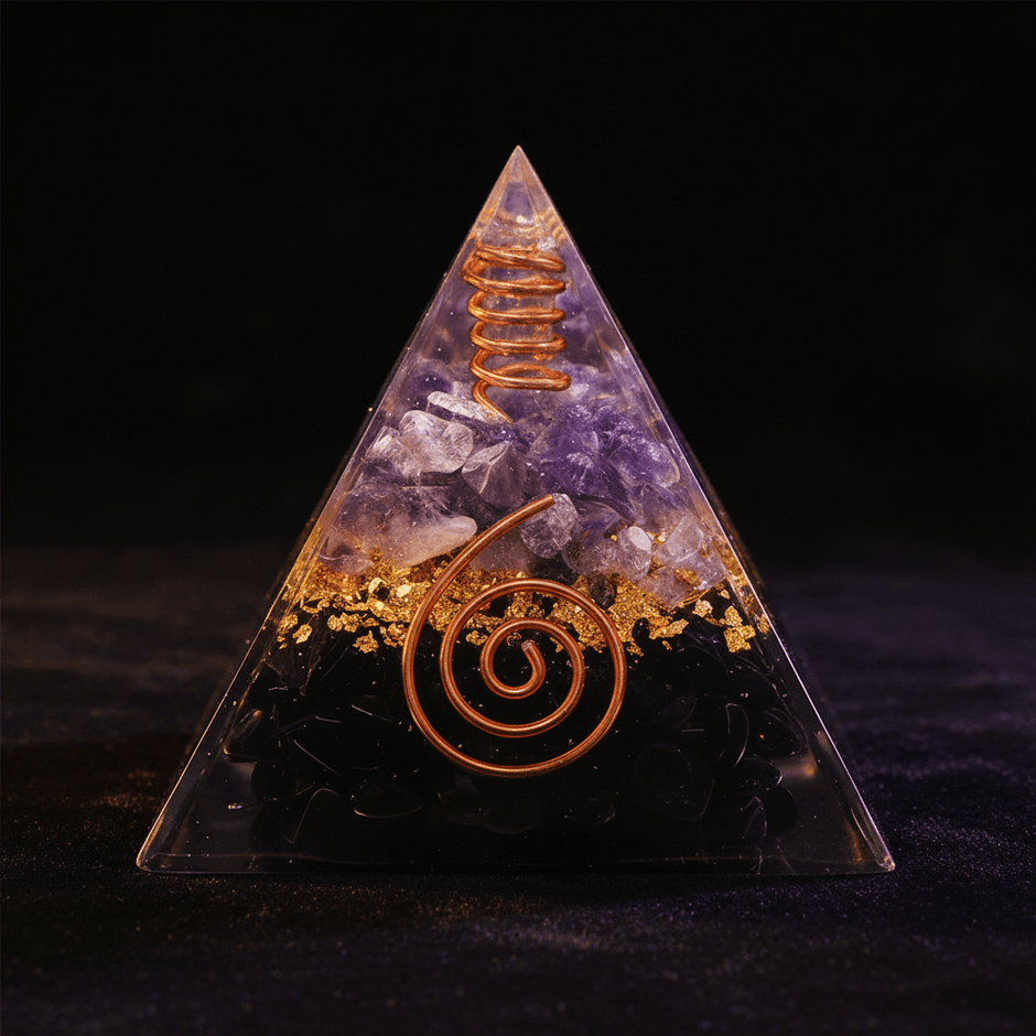Handcrafted Black Obsidian & Amethyst Crystal Stone Resin Pyramid - DP Online