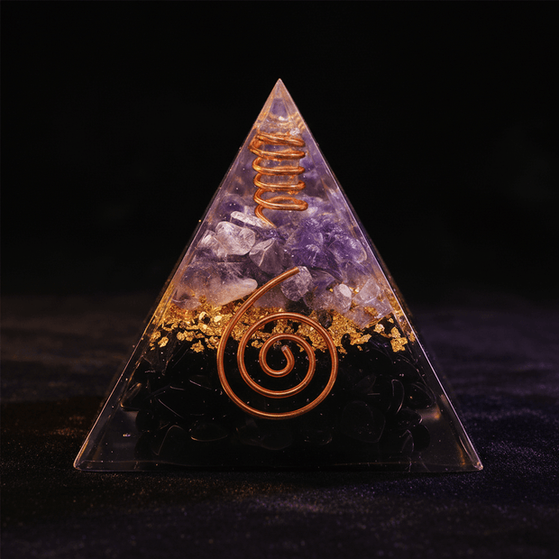Handcrafted Black Obsidian & Amethyst Crystal Stone Resin Pyramid - DP Online
