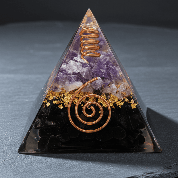 Handcrafted Black Obsidian & Amethyst Crystal Stone Resin Pyramid - DP Online