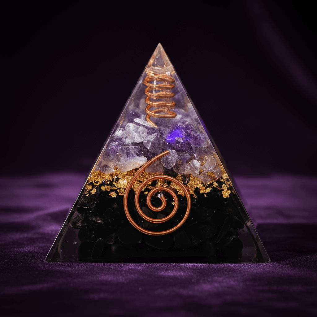 Handcrafted Black Obsidian & Amethyst Crystal Stone Resin Pyramid - DP Online