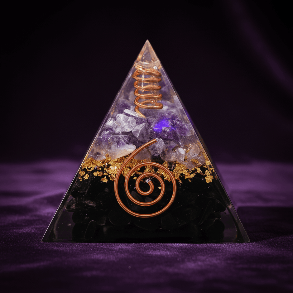 Handcrafted Black Obsidian & Amethyst Crystal Stone Resin Pyramid - DP Online