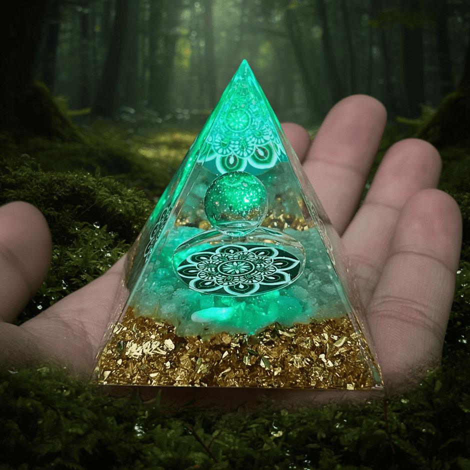 Handcrafted Green Aventurine Lotus Mandala Crystal Stone Resin Pyramid - DP Online