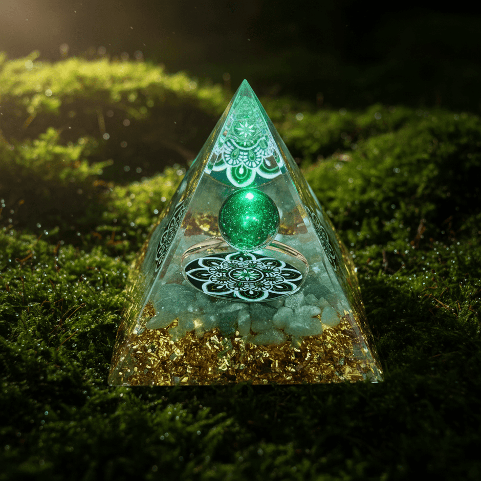 Handcrafted Green Aventurine Lotus Mandala Crystal Stone Resin Pyramid - DP Online