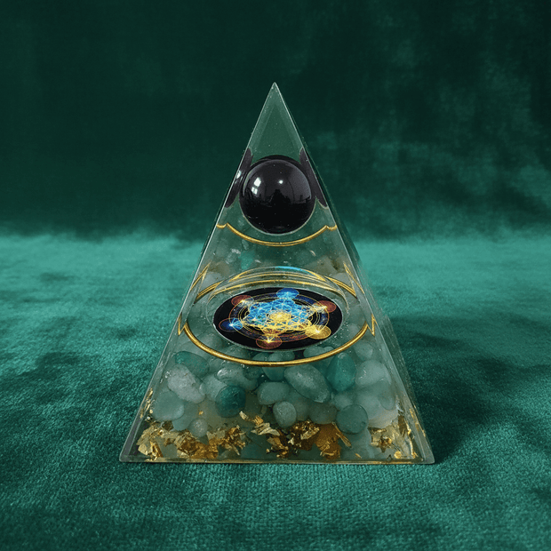 Handcrafted Green Aventurine Metatron's Cube Star Crystal Stone Resin Pyramid - DP Online