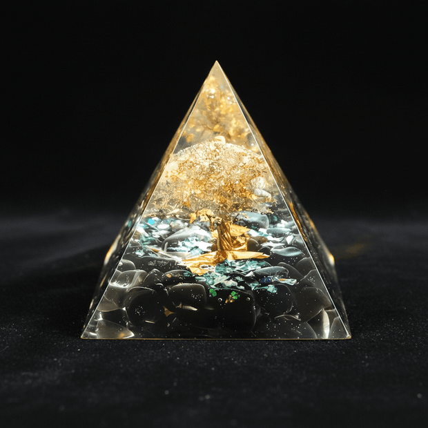 Handcrafted Infused White Quartz Tree of Life and Black Obsidian Crystal Stone Resin Pyramid - DP Online