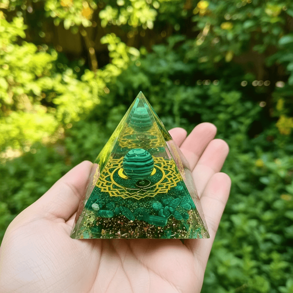 Handcrafted Malachite Gold Pattern Crystal Resin Pyramid - DP Online