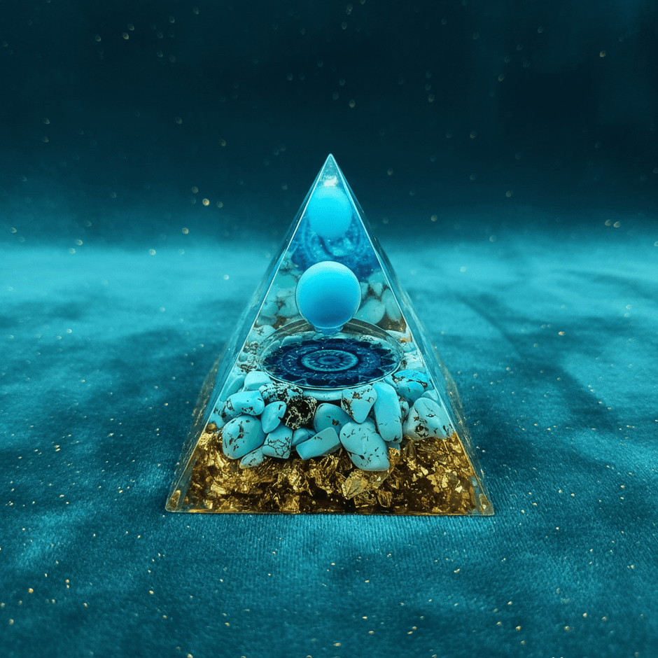 Handcrafted Turquoise Sphere Blue Mandala Orgone Resin Pyramid - DP Online