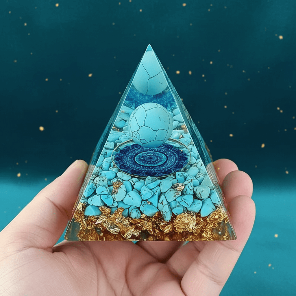 Handcrafted Turquoise Sphere Blue Mandala Orgone Resin Pyramid - DP Online