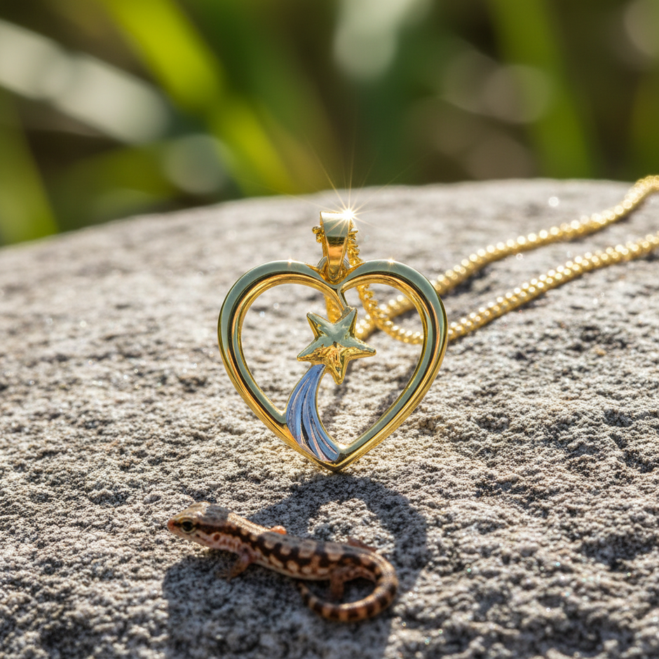 Heart and star pendant face-forward view on rock