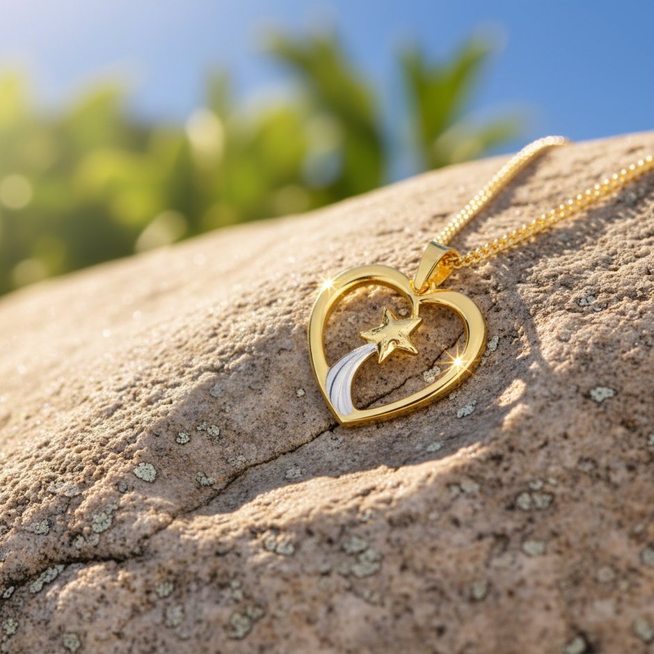 Heart and star pendant on rock with natural sunlight
