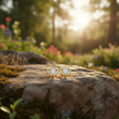 Heart earrings on natural rock with sunlight