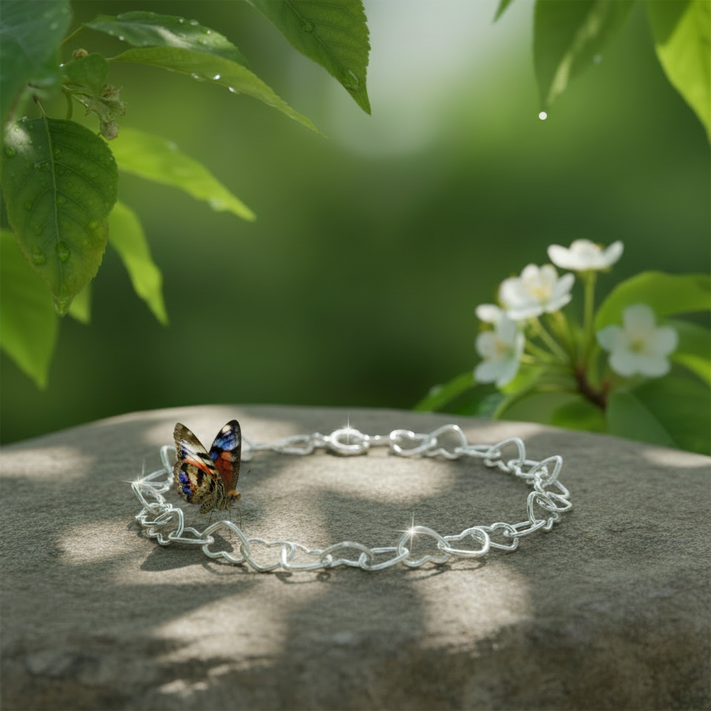 Heart Link Bracelet on Rock with Butterfly