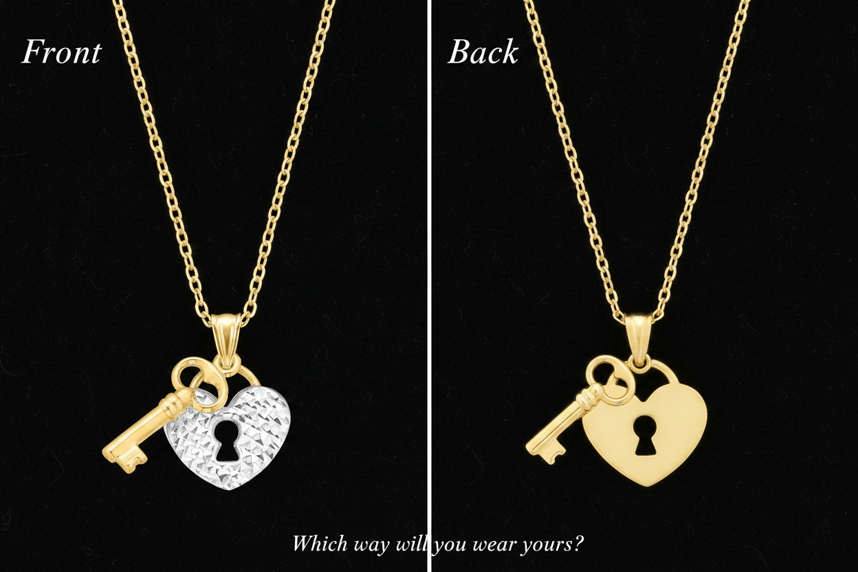Heart Padlock & Key Necklace – Front & Back with Tagline