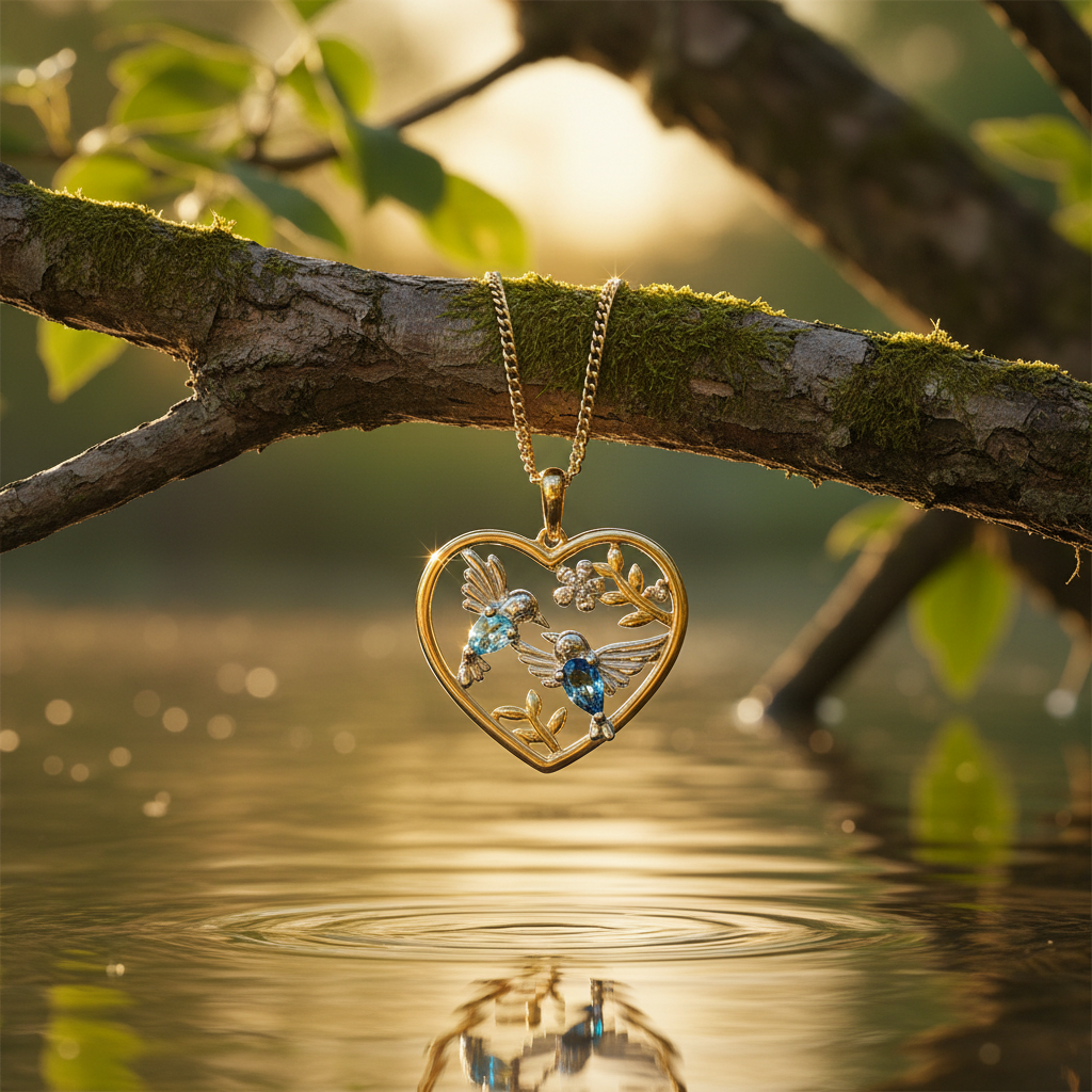 Heart pendant hanging from branch above water