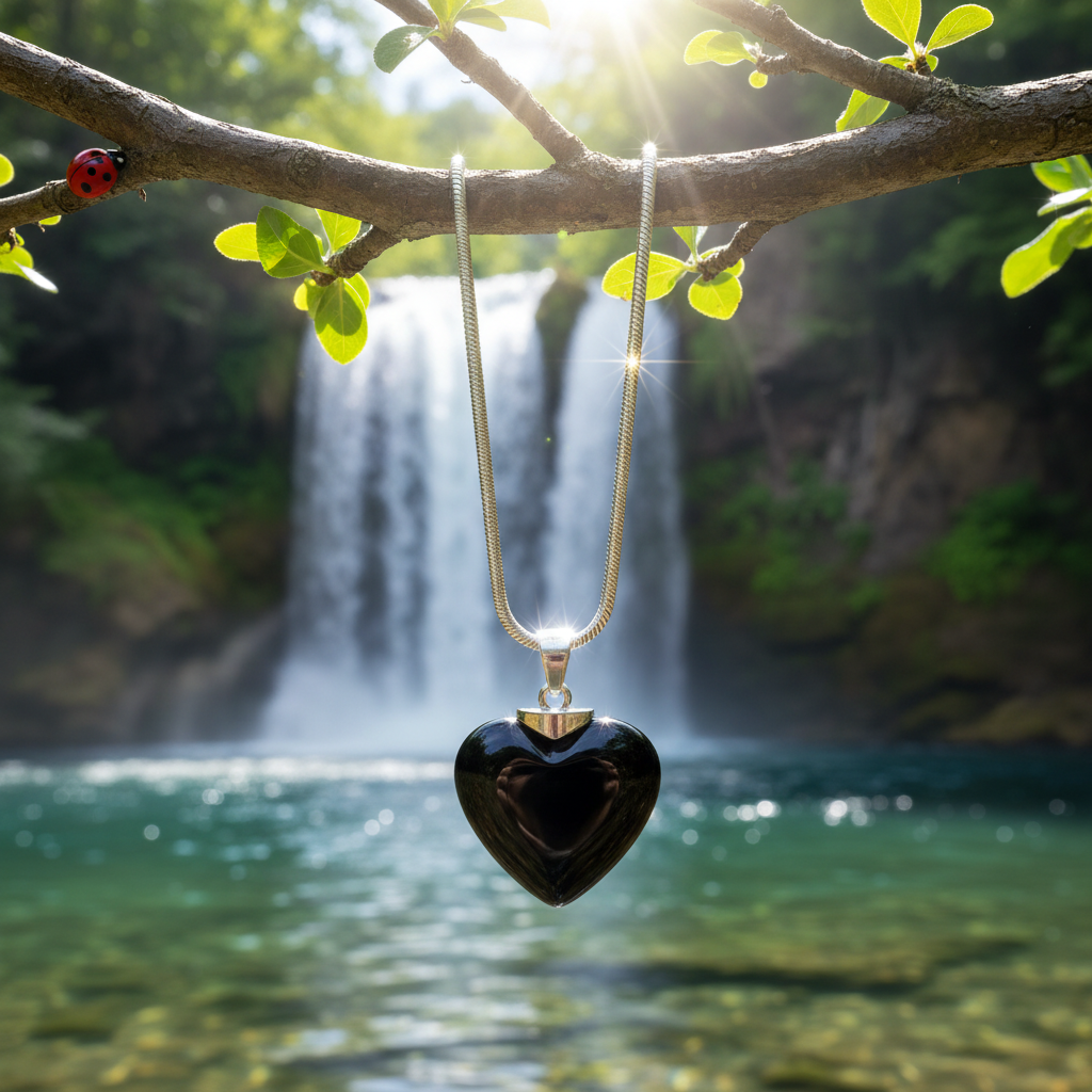 Heart pendant hanging lower from branch
