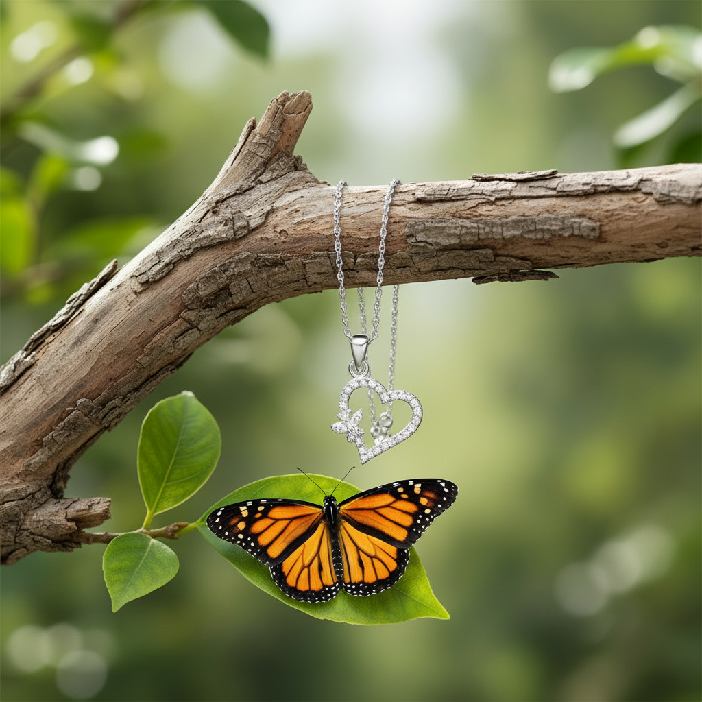 Heart pendant on branch with butterfly - sparkling