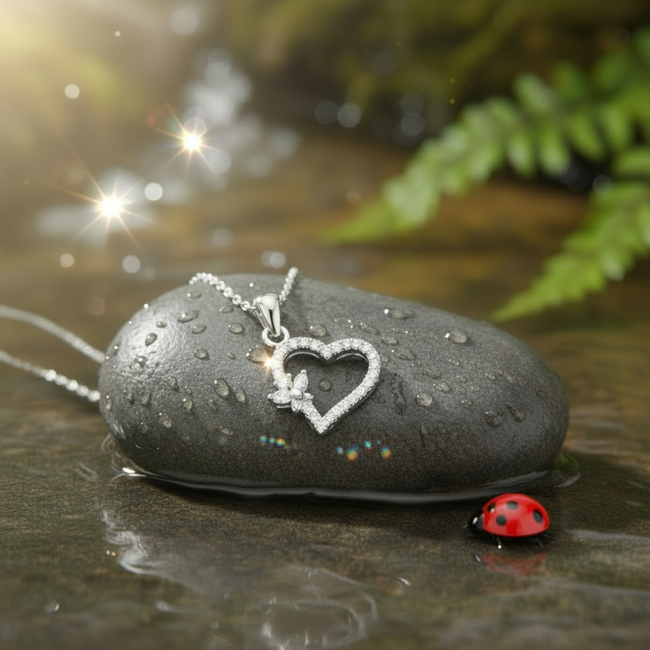 Heart pendant on rock with ladybug - sparkling