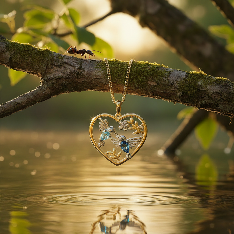 Heart pendant with bull ant on branch
