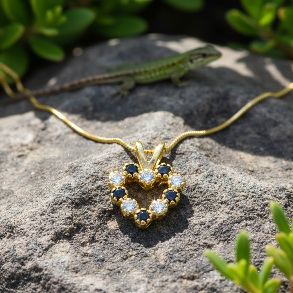 Heart pendant with gold snake chain on natural rock