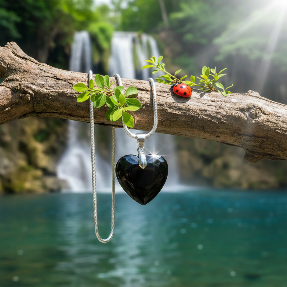 Heart pendant with greenery and ladybug