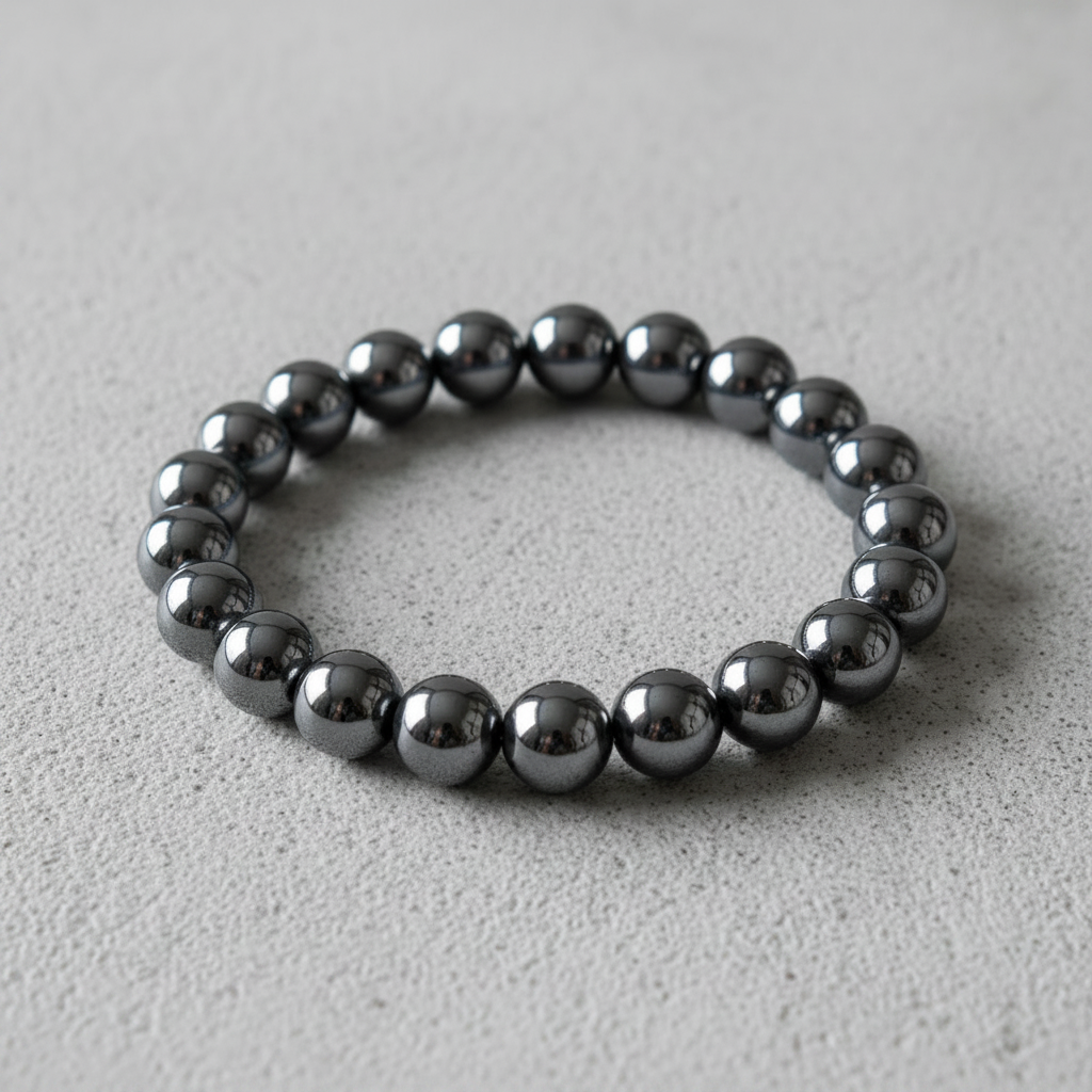 Hematite Bracelet Angled on Concrete