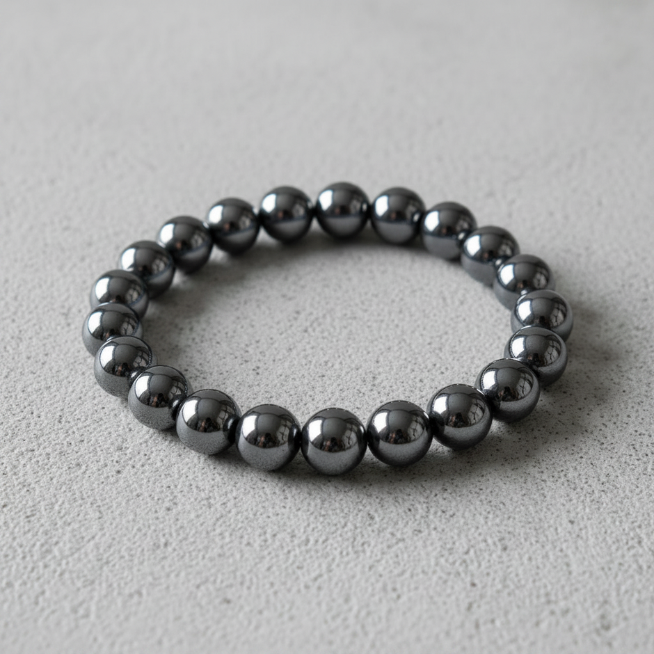 Hematite Bracelet Angled on Concrete