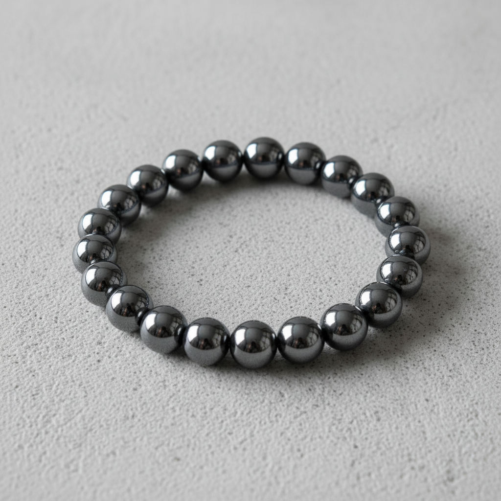 Hematite Bracelet Overhead on Concrete