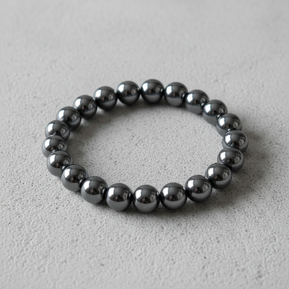 Hematite Bracelet Overhead on Concrete