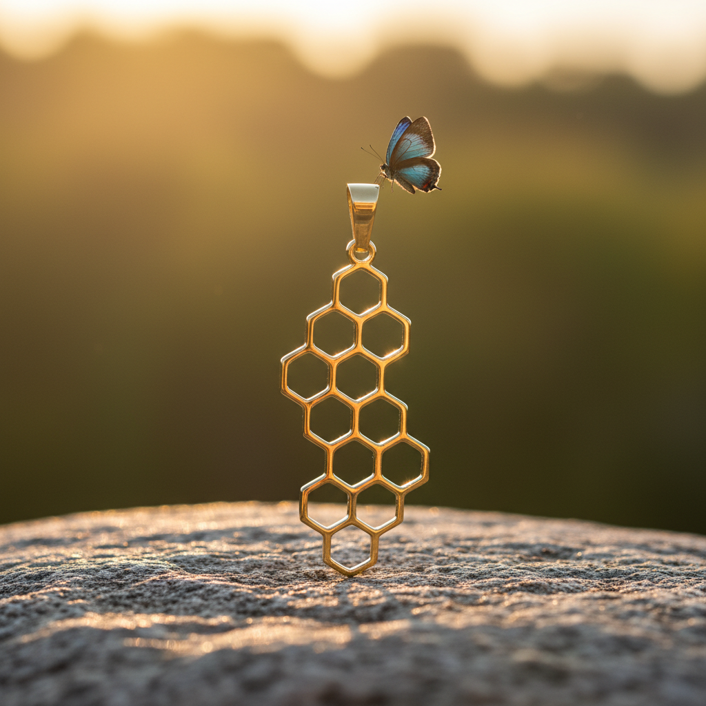 Honeycomb pendant with bluish-black butterfly