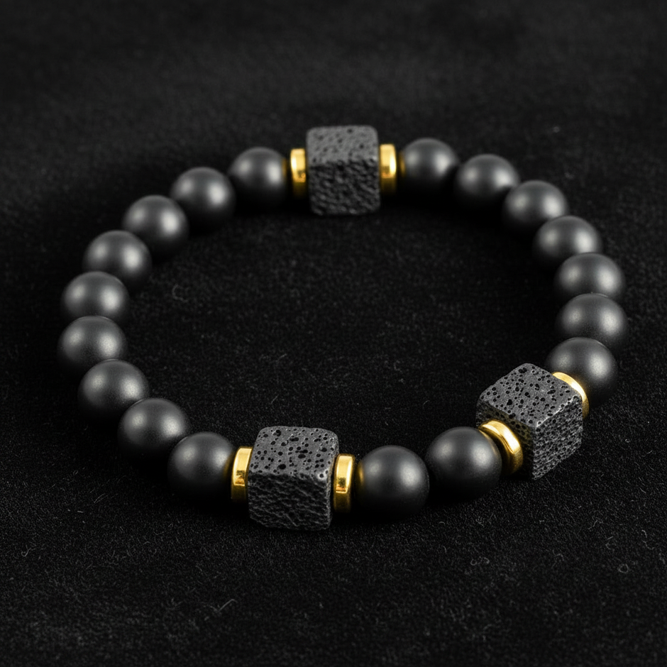 Matte Black Onyx & Lava Stone Cube Bracelet angled view