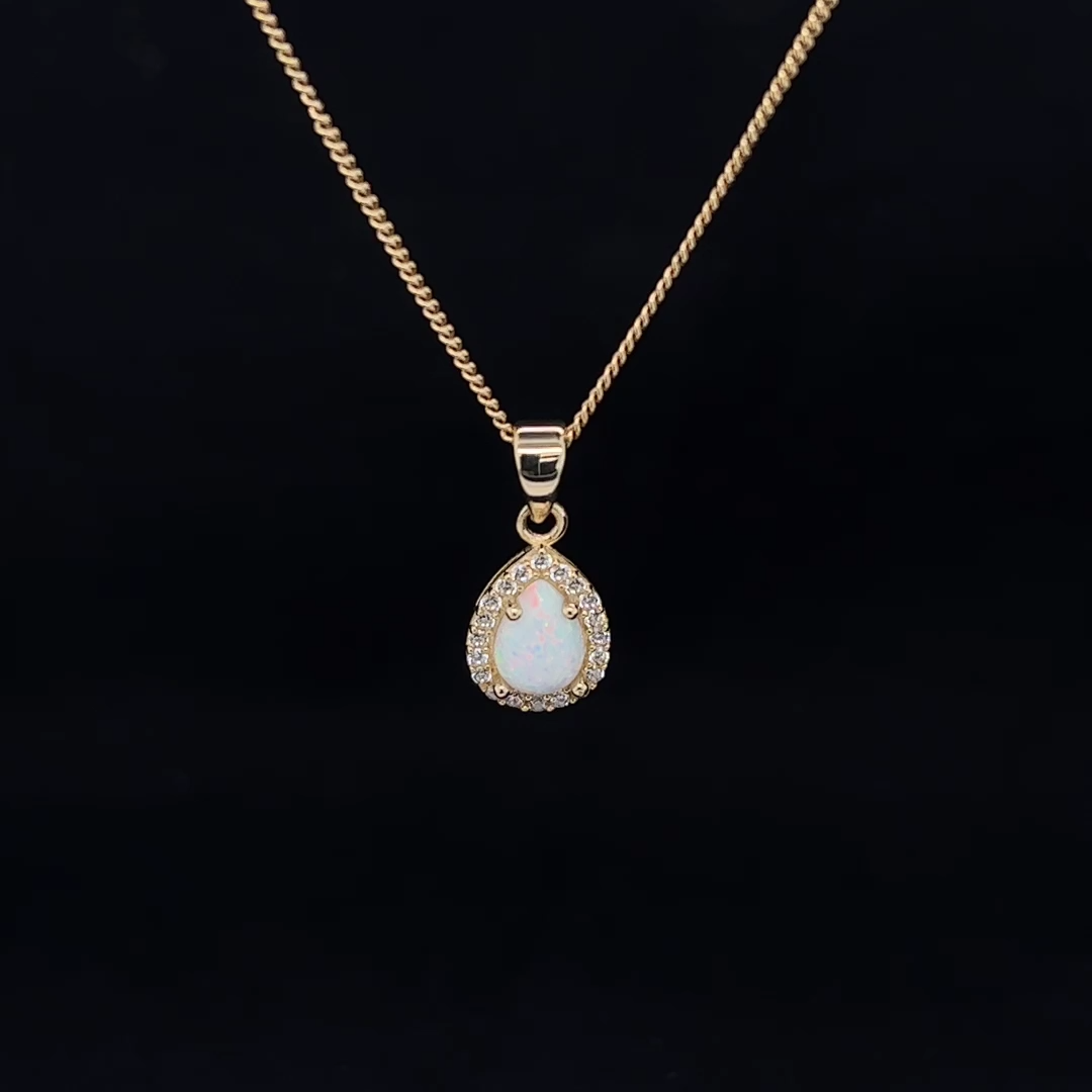 9 Karat Gelbgold Zirkonia Opal Tropfenanhänger Halskette