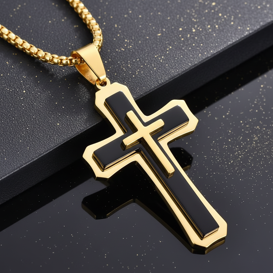 Men's 18kt gold and black titanium steel layered cross pendant on gold box chain