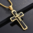 Men's 18kt gold and black titanium steel layered cross pendant on gold box chain