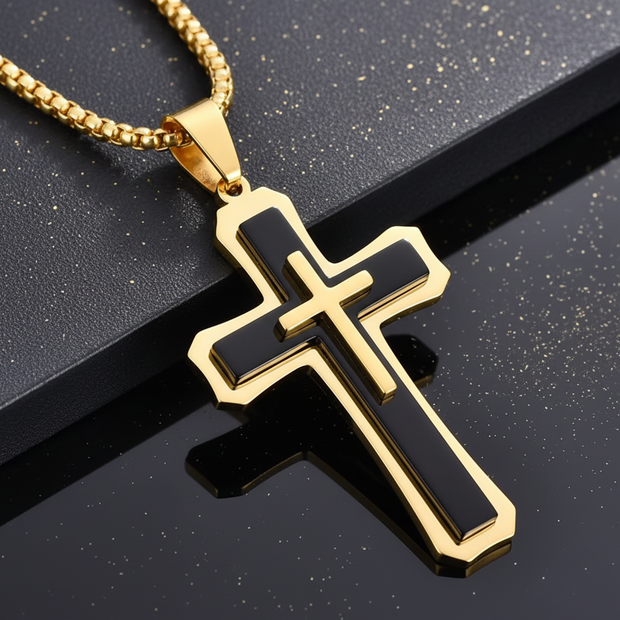 Men's 18kt gold and black titanium steel layered cross pendant on gold box chain