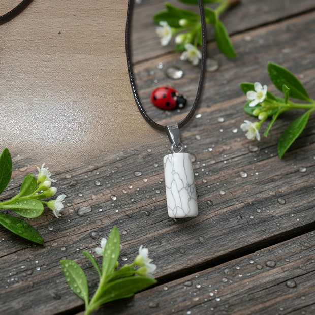 White Howlite Cylinder Pendant Necklace close-up