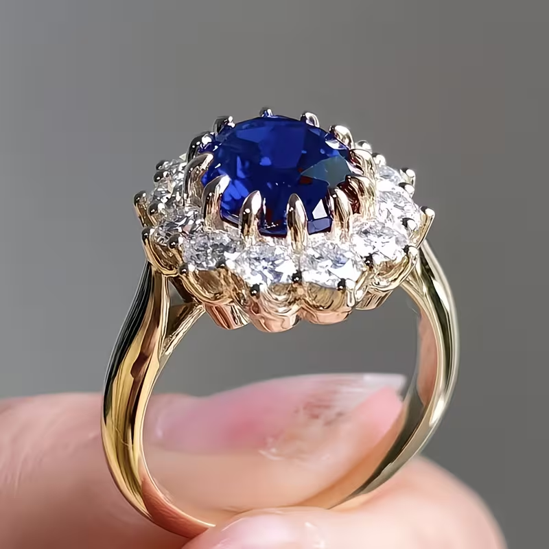 18kt Gold Sapphire CZ Cluster Ring - front angle