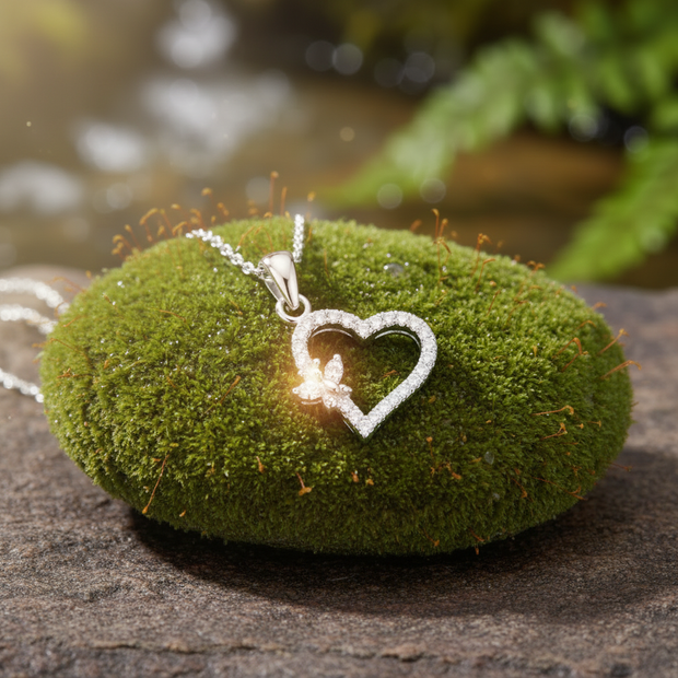 18" 45cm 925 Sterling Silver Cubic Zirconia Butterfly Heart Pendant