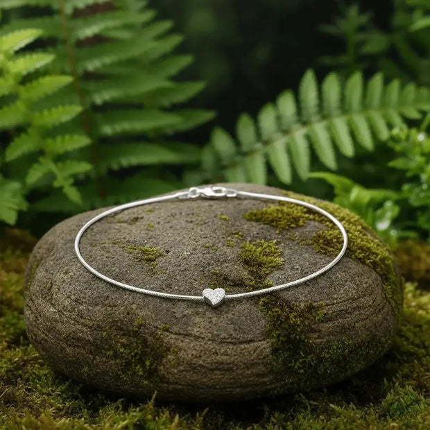 Italian 925 Sterling Silver 10.6" 27cm Snake Anklet with Stardust Heart - DP Online