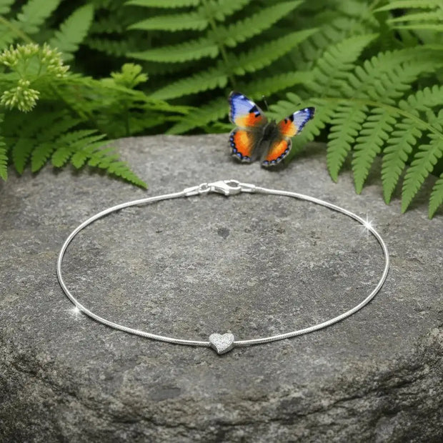 Italian 925 Sterling Silver 10.6" 27cm Snake Anklet with Stardust Heart - DP Online