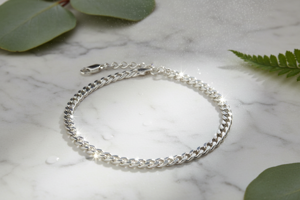 Italian 925 sterling silver curb chain bracelet with overhead sunlight sparkle, water mist and greenery