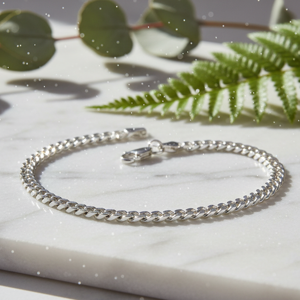 Italian 925 sterling silver curb chain bracelet with water mist, sparkle and greenery