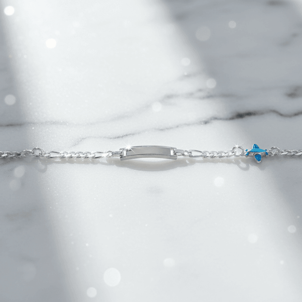 Italian Made Sterling Silver 17cm Figaro Blue Enamel Plane Charm Engravable Identity Bracelet - DP Online