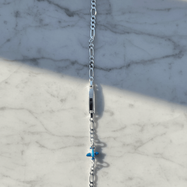 Italian Made Sterling Silver 17cm Figaro Blue Enamel Plane Charm Engravable Identity Bracelet - DP Online