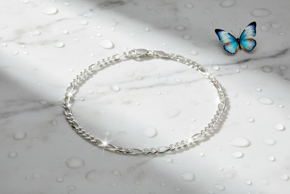 Italian sterling silver figaro bracelet on marble with water drops and butterfly
